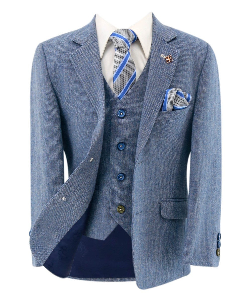 Boys Tweed Slim Fit Suit - WELLS Blue - Light Blue