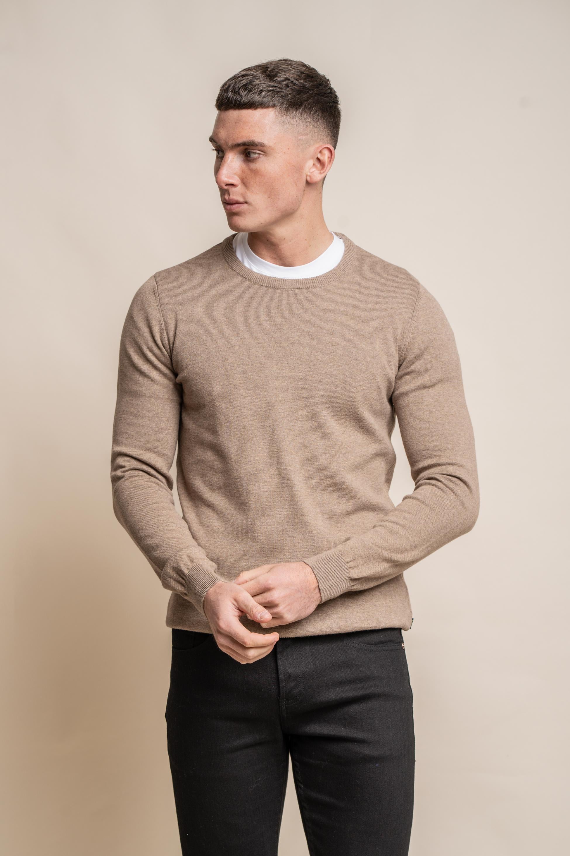 Men's Cotton Slim Fit Crewneck Jumper - Fawn Brown