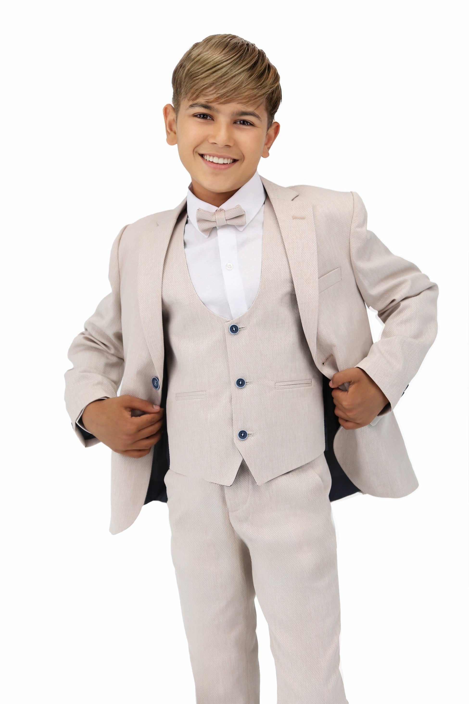 Boys' Slim Fit Self-Patterned 5 PC Suit Set - Beige