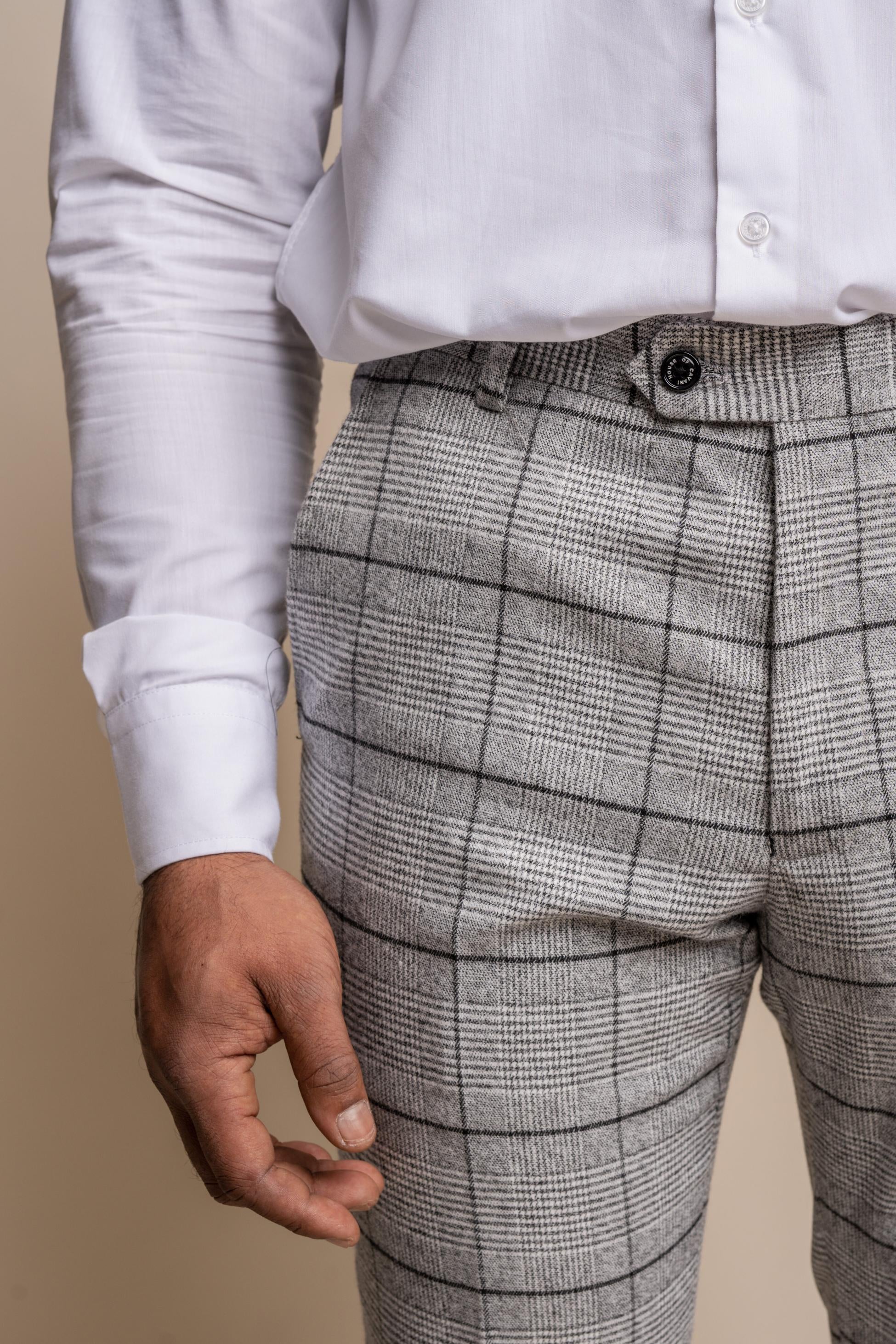 Men's Tweed Windowpane Check Slim Fit Trousers - GHOST Grey - Light Grey