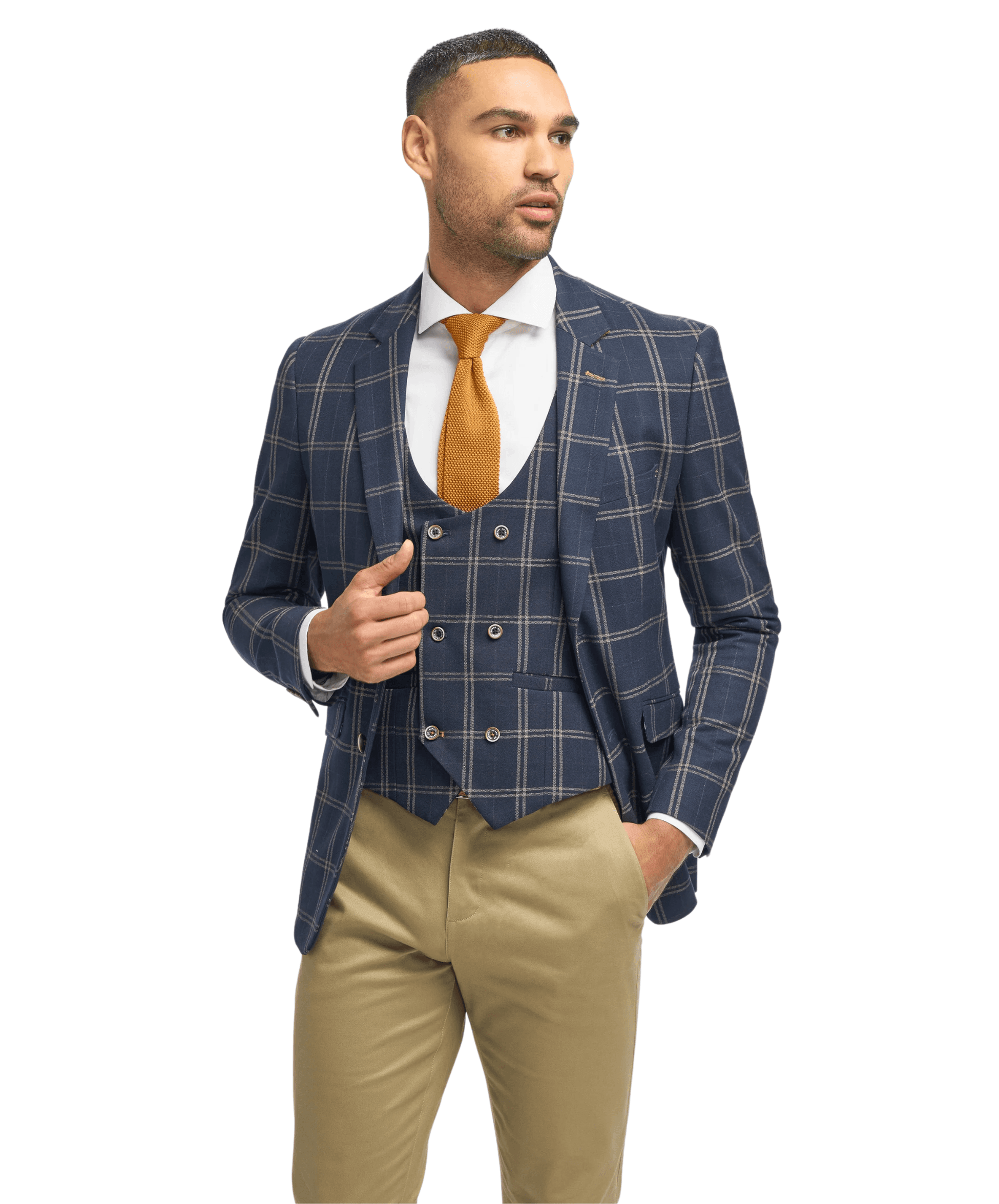 Men's Navy Blue Hardy Check Suit Jacket and Double-Breasted Waistcoat with Casual Stone Beige Cotton Chino Trousers - Navy Blue - Stone Beige