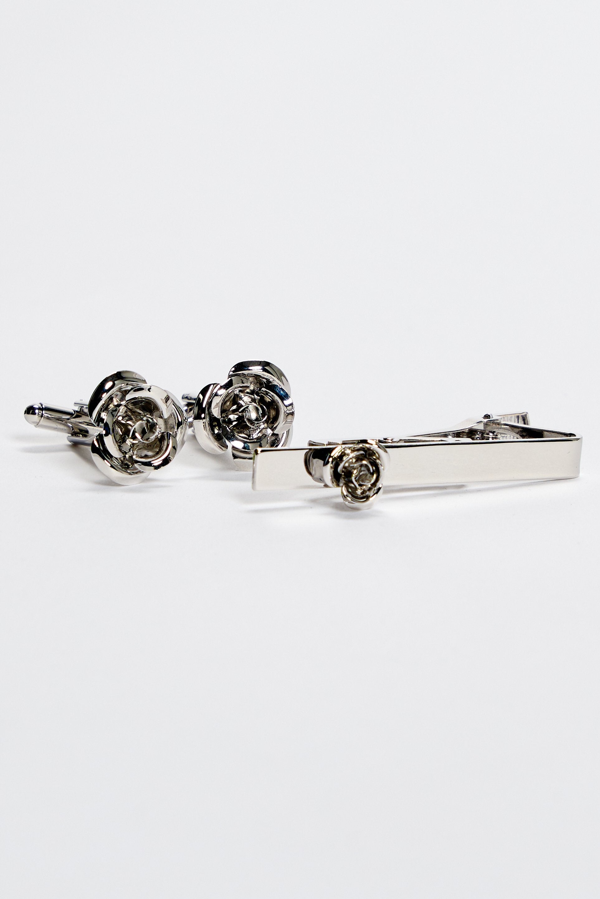 Men's Rose Cufflinks and Tie Clip Set - Black