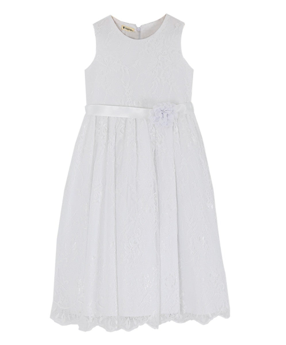 Girls Sleeveless Lace Embroidered Dress - White