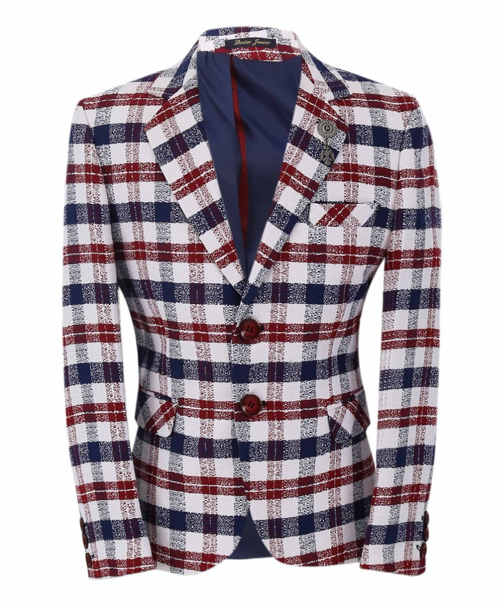 Boys Plaid Cotton Retro Slim Fit Formal Blazer - Burgundy