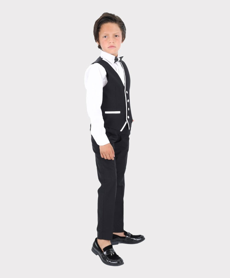 Boys Exclusive Piping Tuxedo Suit - Black - White