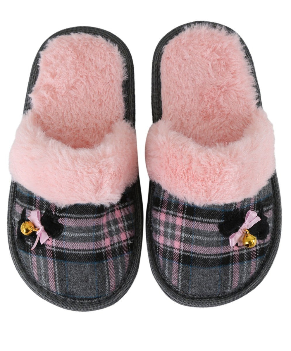 Girls Tartan Fur Slip On Slippers - Pink