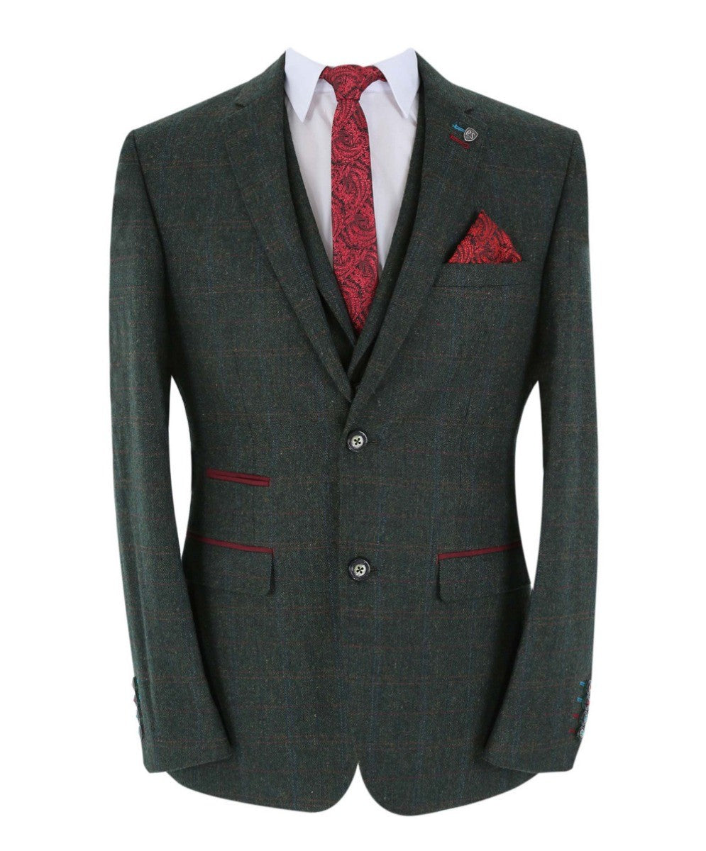 Men's Tweed Check Tailored Fit Suit - JOSHUA Green - Dark Green