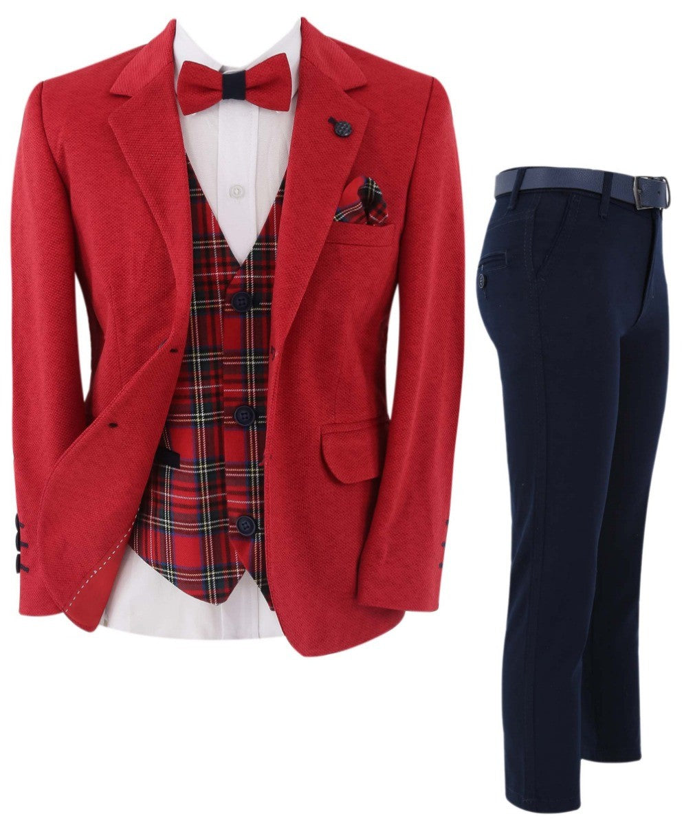 Boys Slim Fit Suit With Tartar check Waistcoat Set - Red