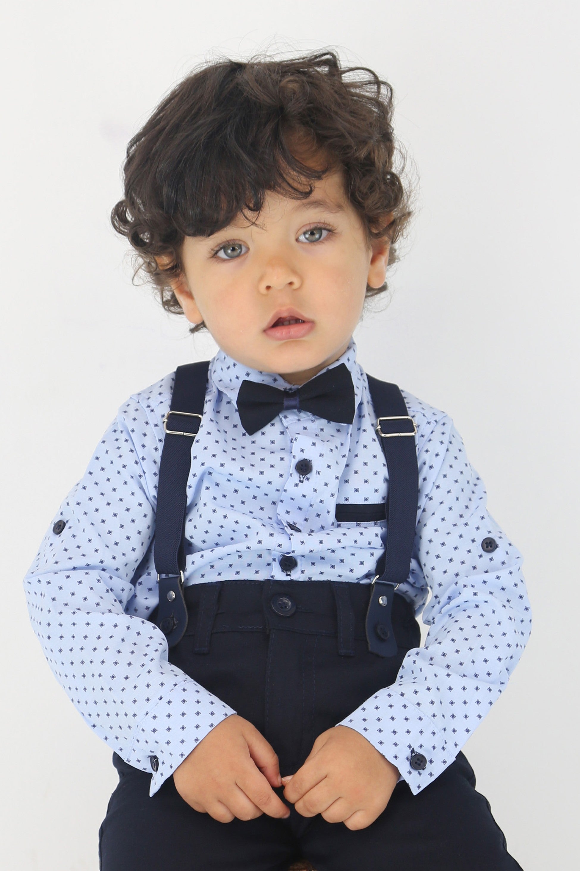 Baby & Boys Gentleman Outfit - 4 PC Suspenders Pant Suit Set - KELEBEK - Light Blue - Navy