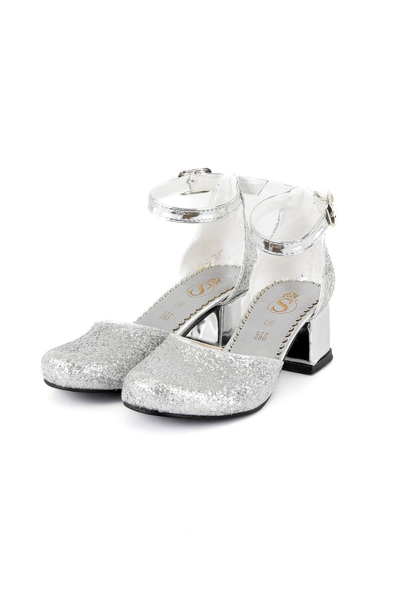 Girls Glittery Mary Janes Block Heel Silver Shoes - Silver