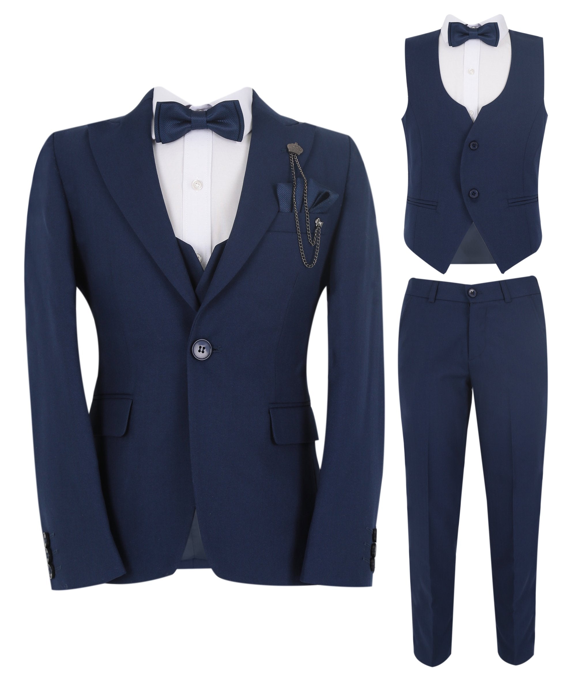 Boys Slim Fit Herringbone 8 Piece Suit Set - KING - Indigo French Blue