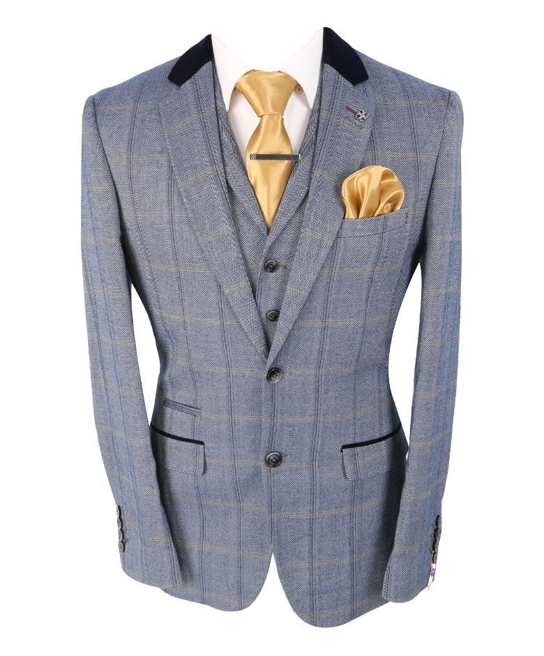 Men's Slim Fit Tweed Check Blue Suit - CONNALL - Blue