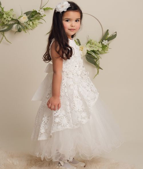 Girls Ivory Flower Lace Overlay Tulle Dress - RUBY - Ivory