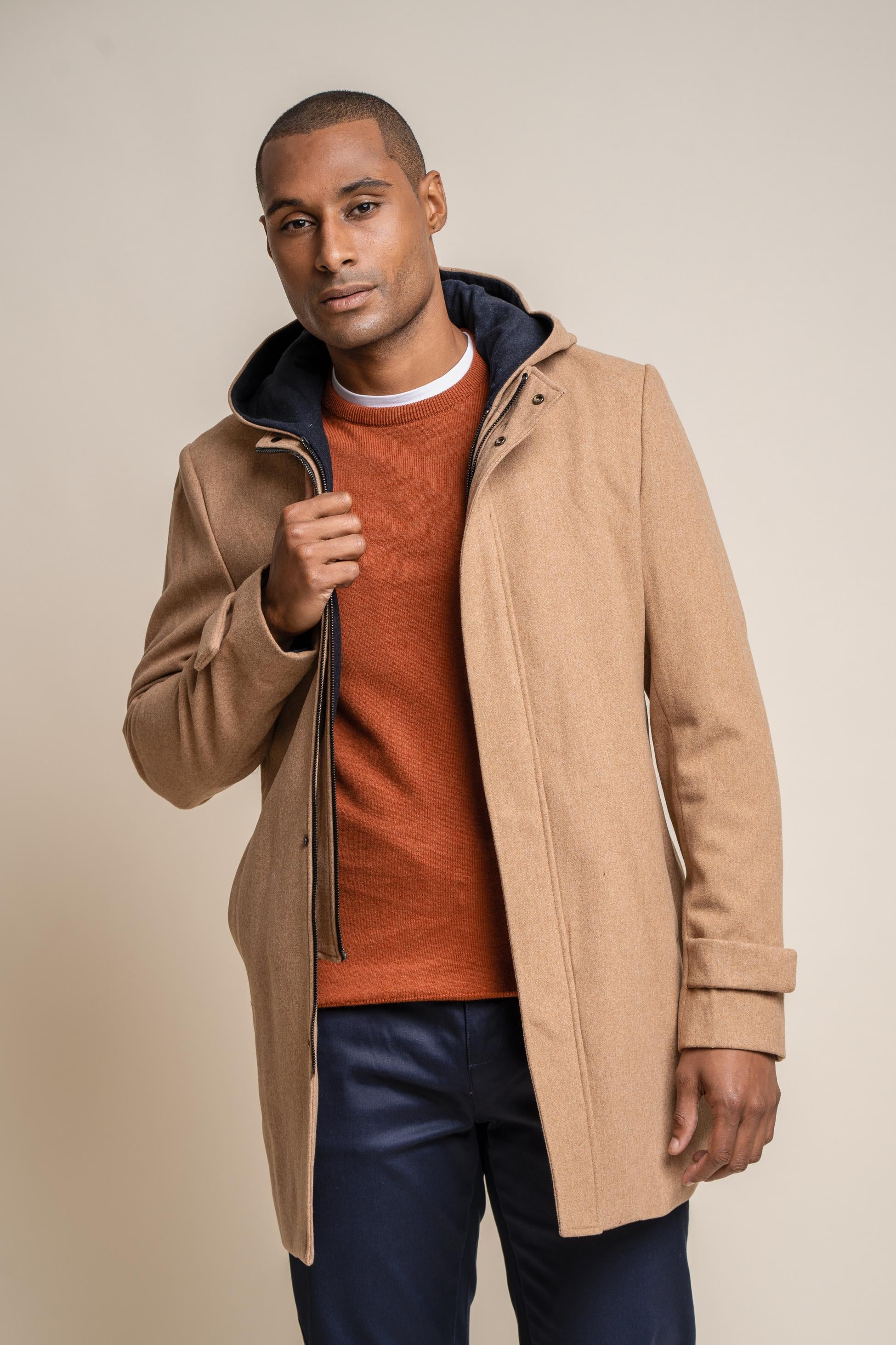 Men's Wool Blend Hooded Coat - MICHIGAN - Camel Beige