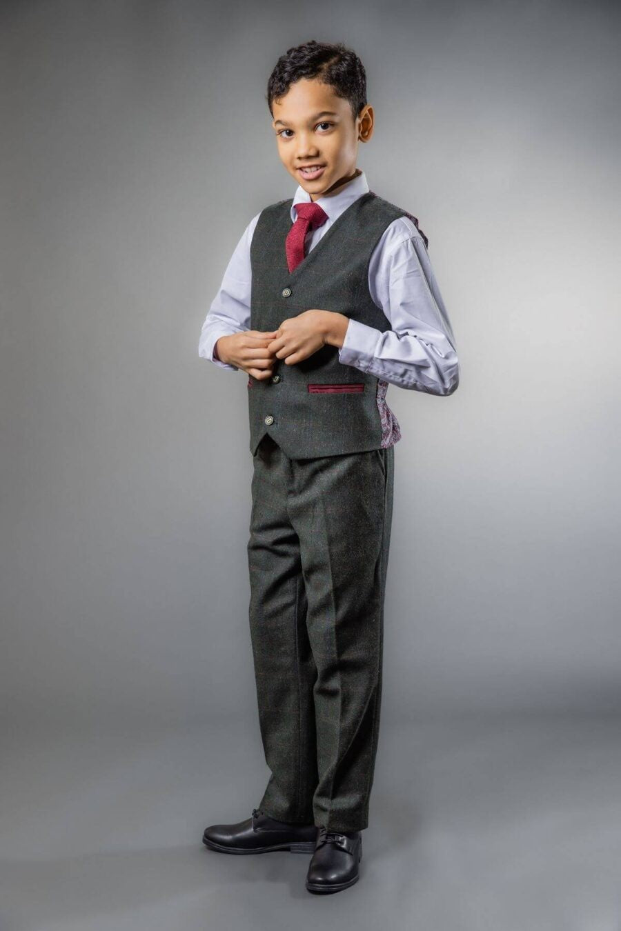 Boys Tweed Check Tailored Fit Suit - JOSHUA Green - Dark Green