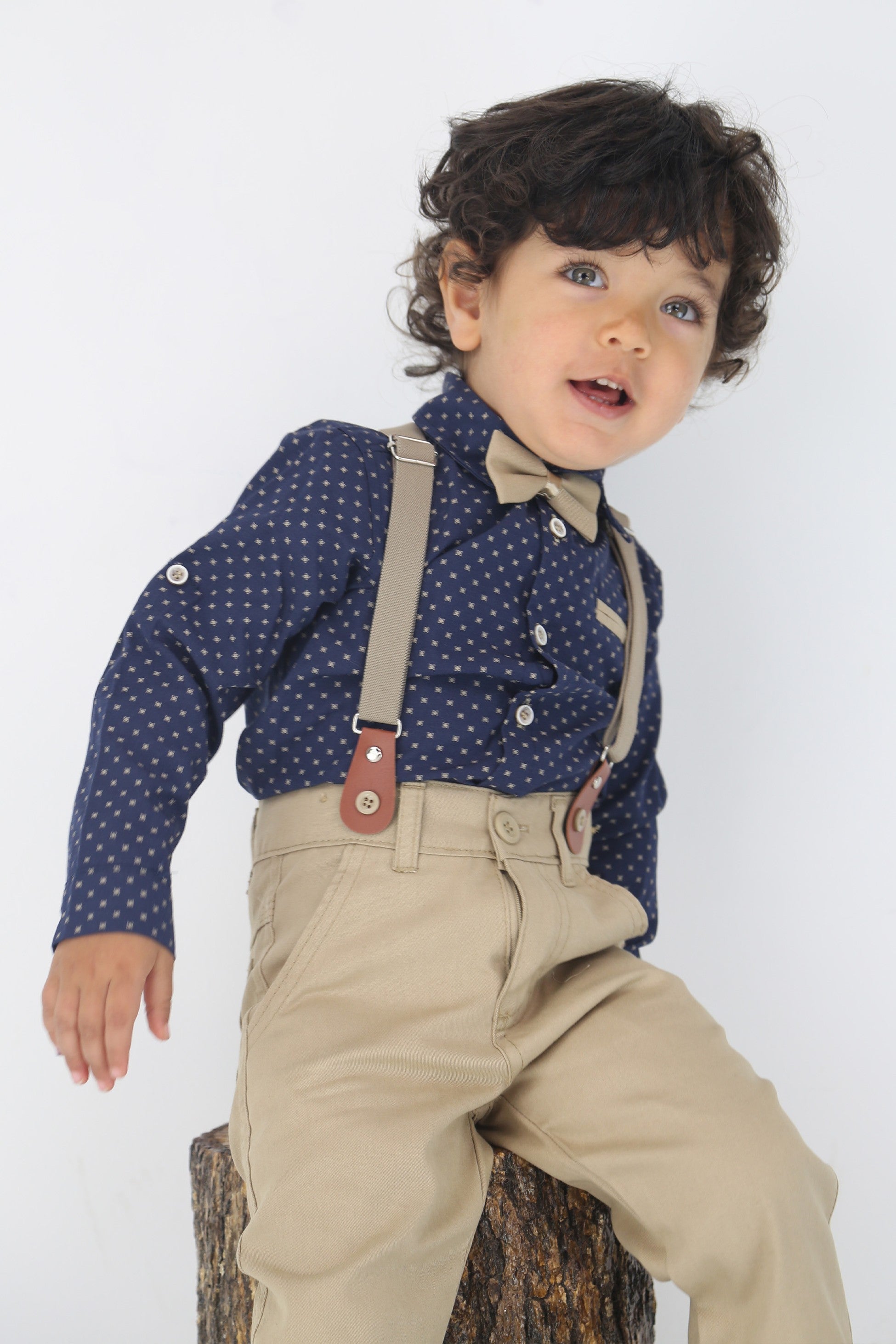 Baby & Boys Gentleman Outfit - 4 PC Suspenders Pant Suit Set - KELEBEK - Navy - Beige