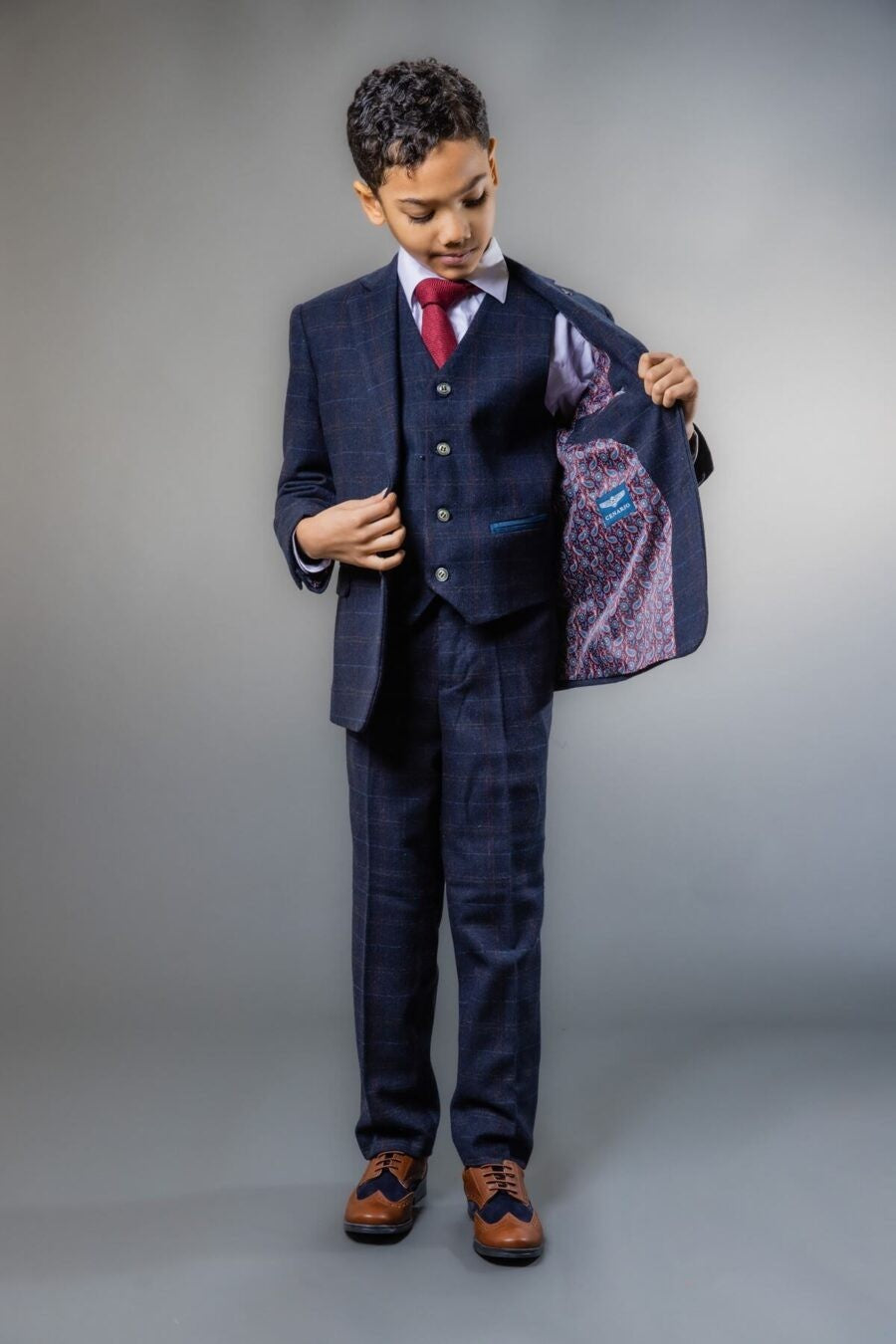 Boys Tweed Windowpane Check Tailored Fit Suit - Ryan Navy - Navy Blue