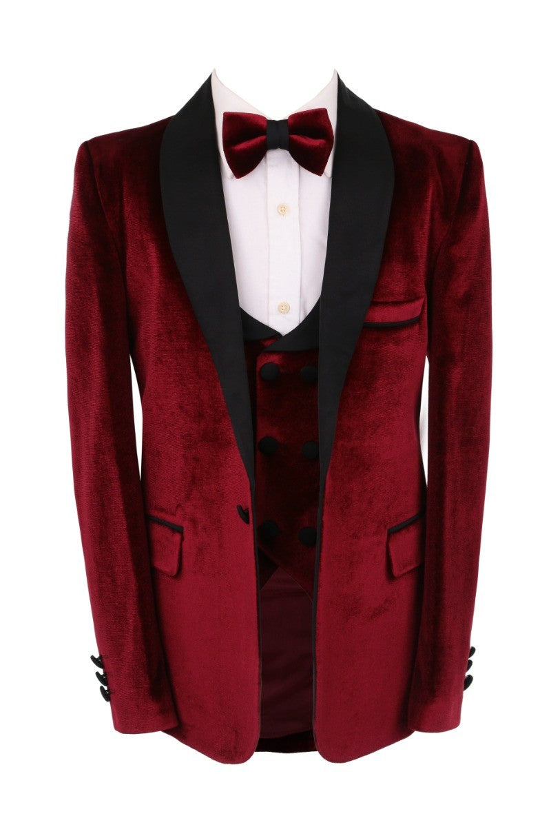 Boys Velvet Tuxedo 5 Piece Dinner Suit - Burgundy and Black