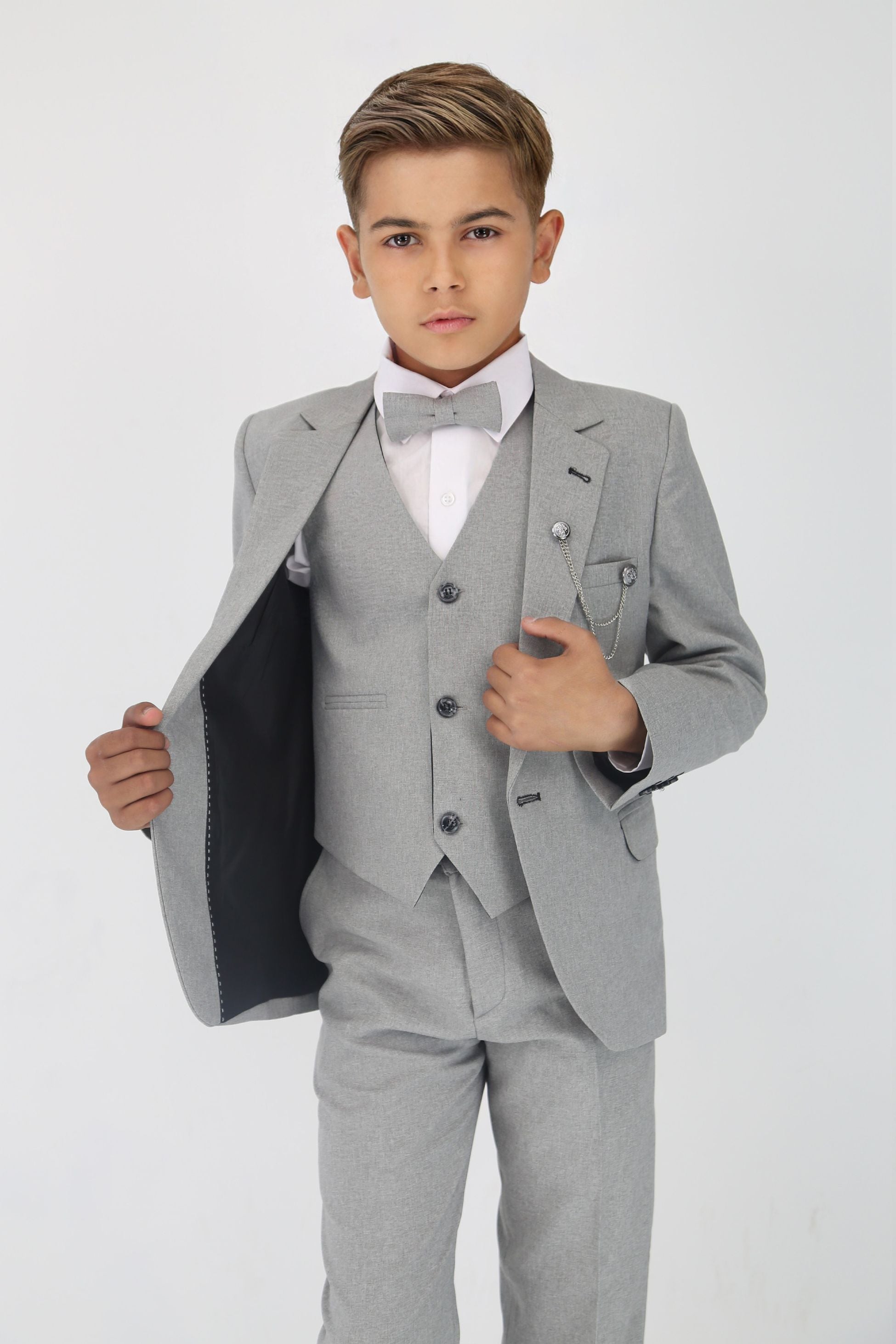 Boys Slim Fit Textured 8-Piece Formal Suit Set - Light Grey