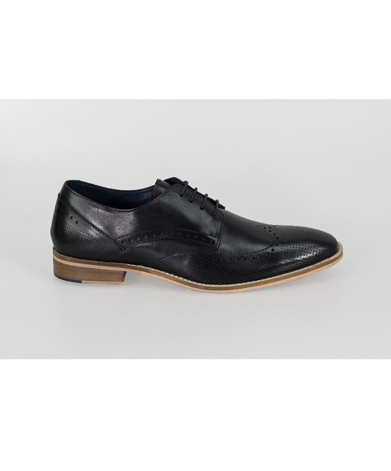 Men's Leather Lace Up Wingtip Brogue Shoes - ROME - Black