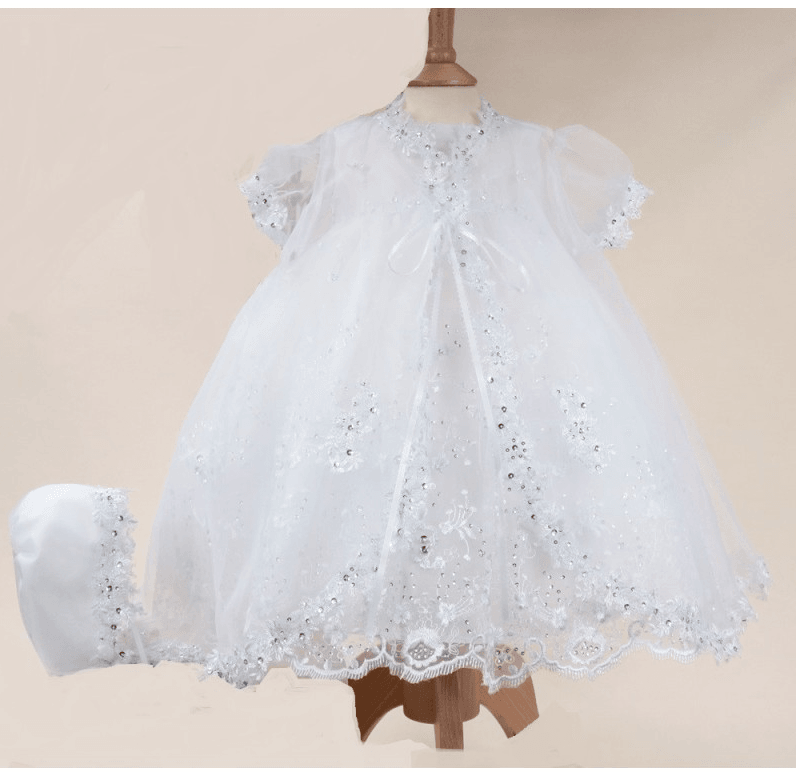 Baby Girls Sequin & lace Christening White Dress Set - 396 - White