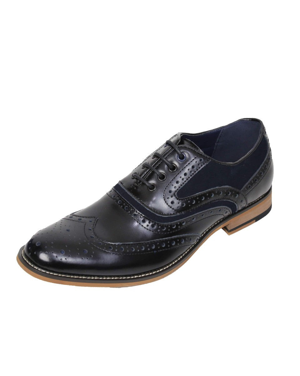 Men's Lace Up Suede & Leather Brogues Shoes -ETHAN - Black - Navy Blue