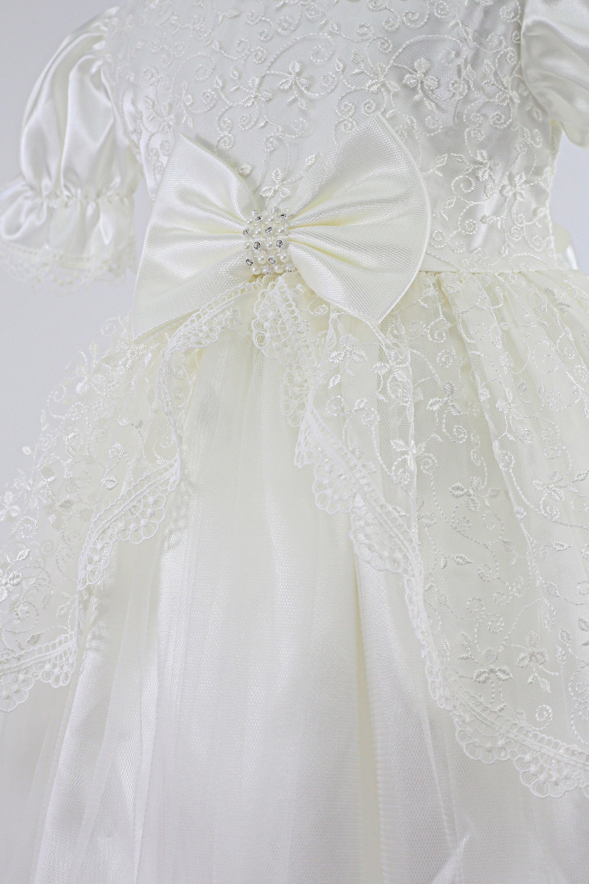 Baby Girls Floral Lace Tulle Dress Set – B1208 - Ivory