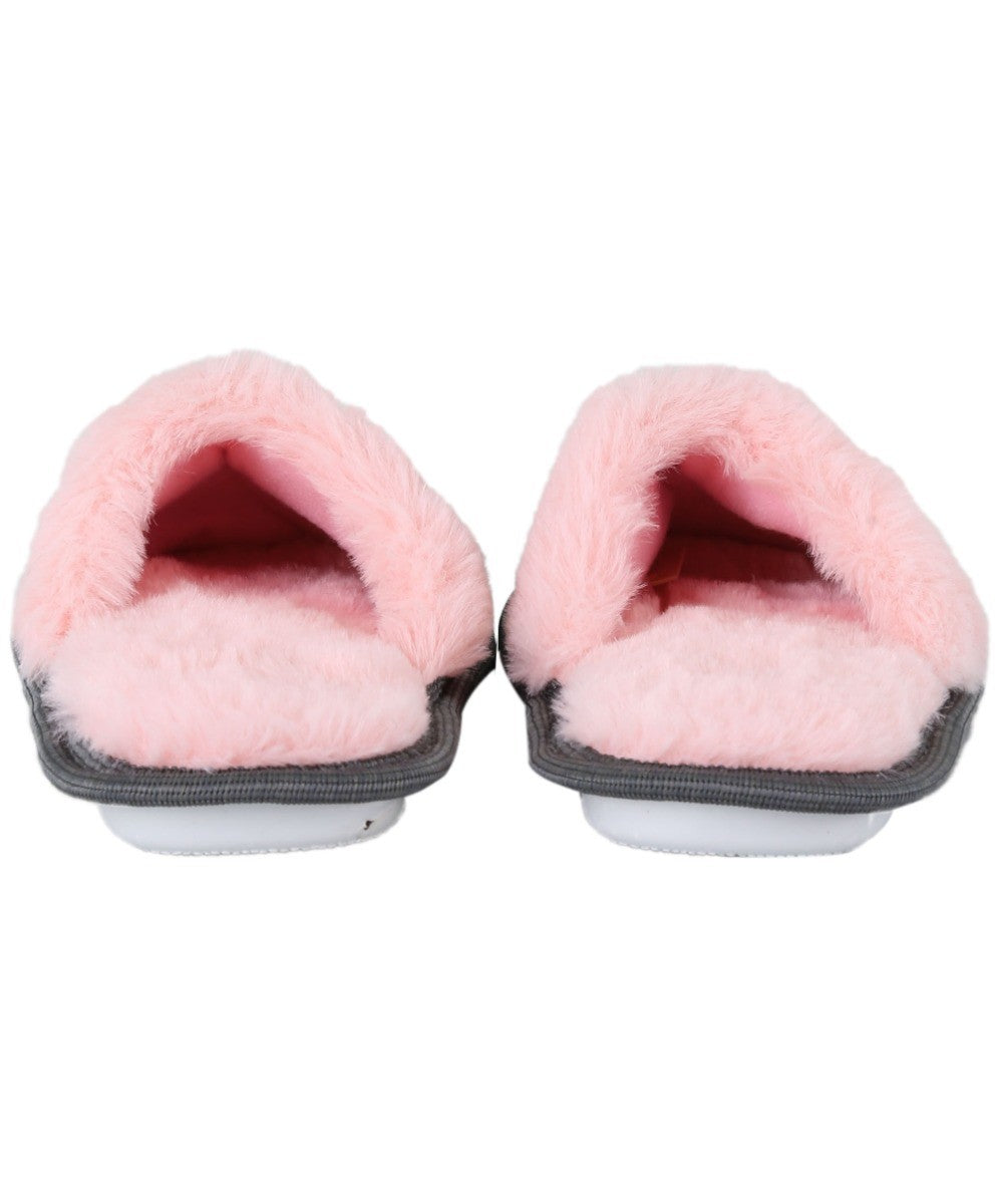 Girls Tartan Fur Slip On Slippers - Pink