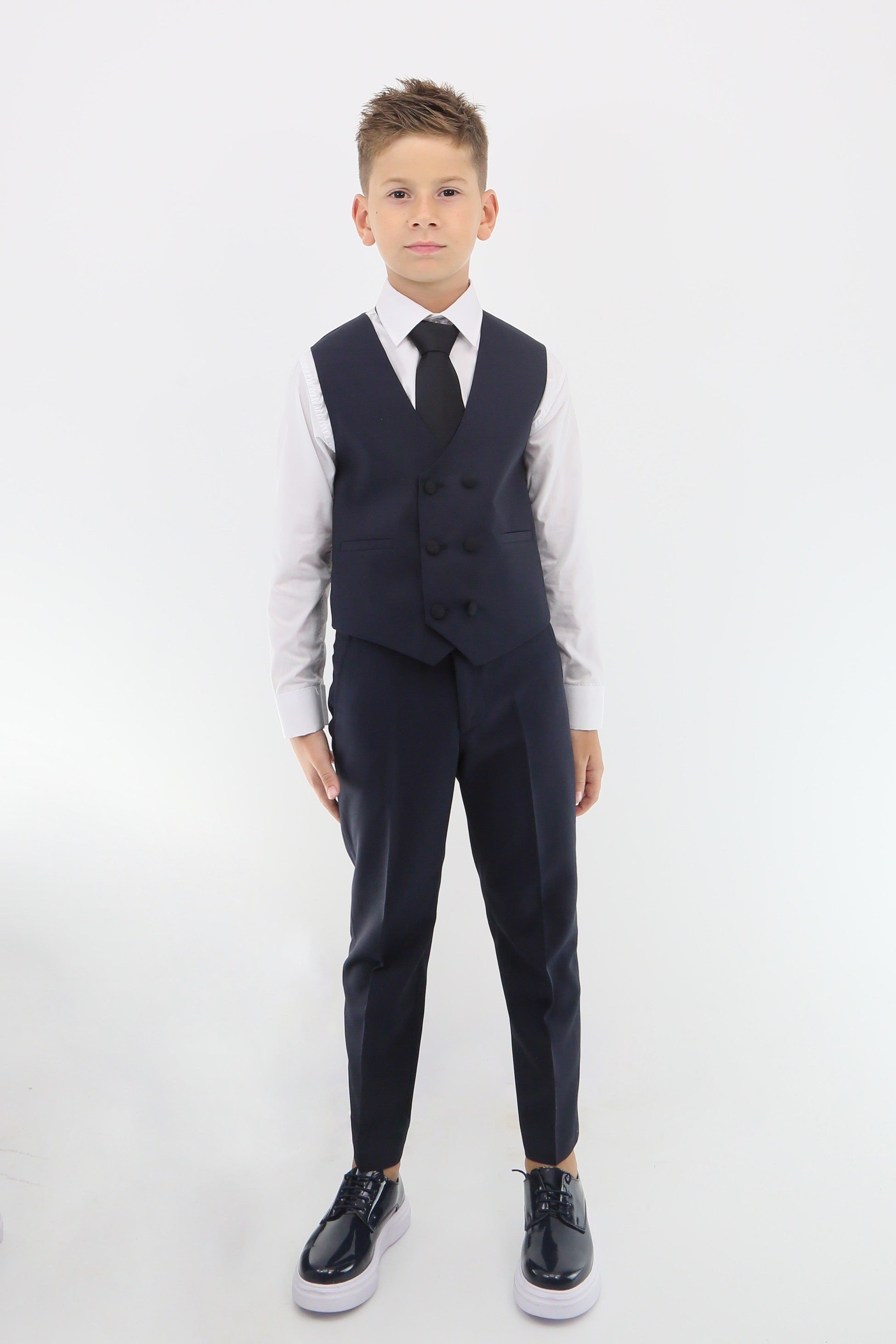 Boys Suit with Double Breasted Vest 7 PC Set - Navy Blue