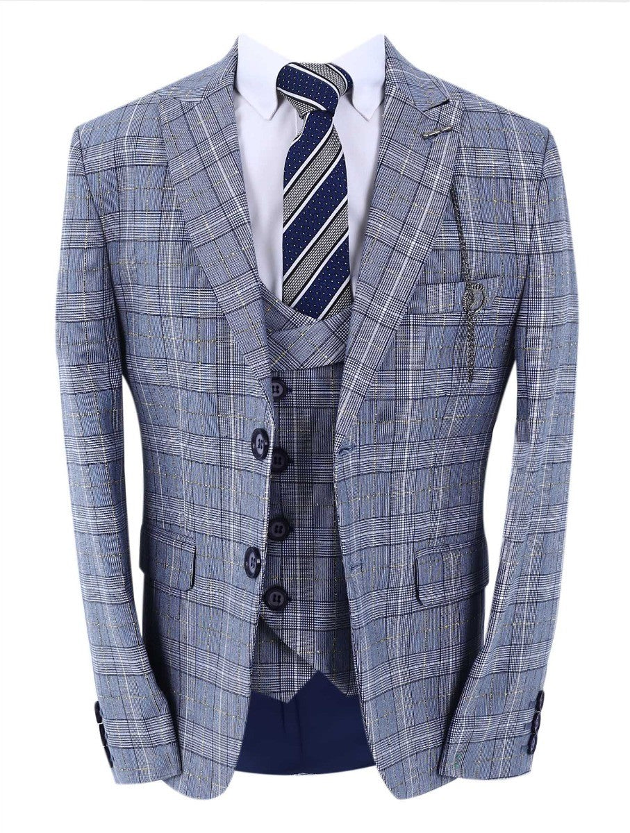 Boys Retro Check Slim Fit Suit - Grey - Navy Blue