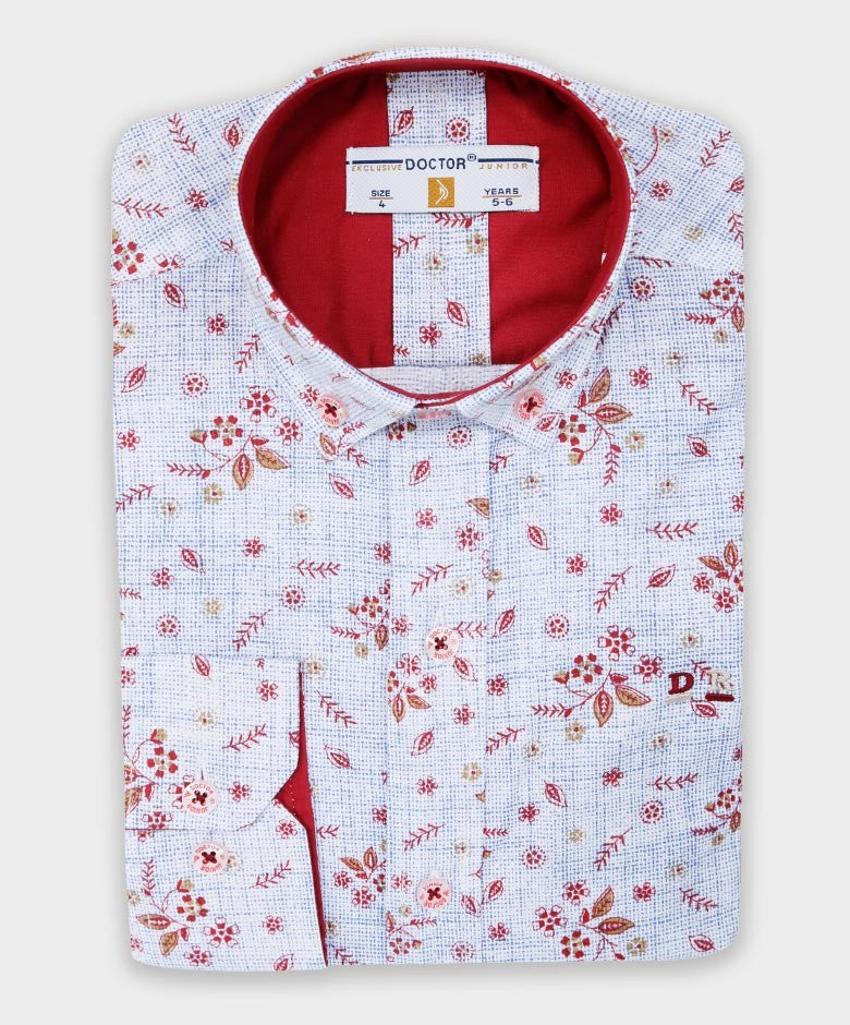 Boys Slim Fit Floral Patterned Fashion Shirt - Blue - Red