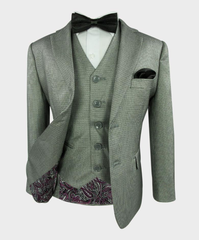 Boys Tweed Tailored Fit Formal Suit - JACKSON - Grey - Black - White