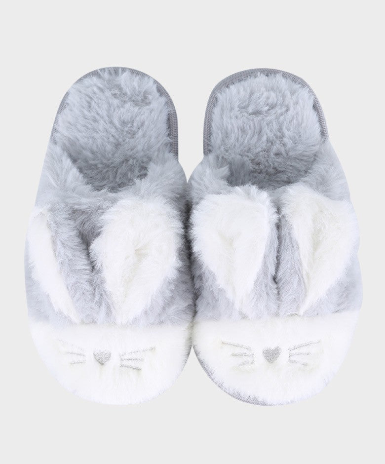 Girls Plush Bunny Fur Slippers - Grey