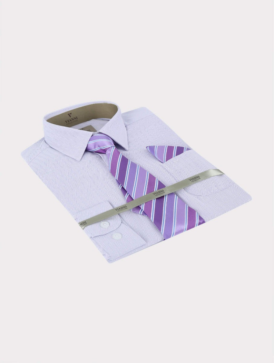 Boys Cotton Blend Long Sleeve Shirt, Tie & Hanky Set - Lilac -Patterned Tie