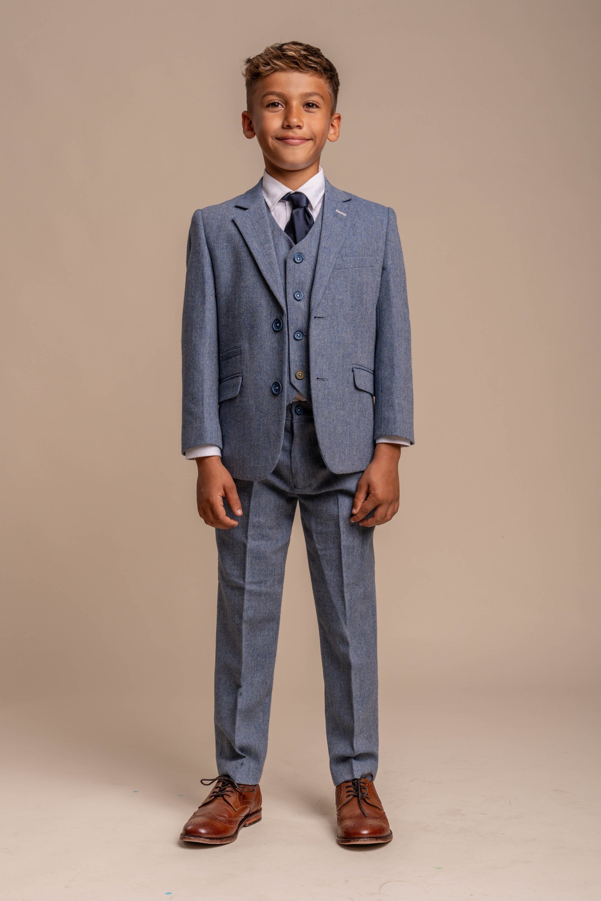 Boys Tweed Slim Fit Suit - WELLS Blue - Light Blue