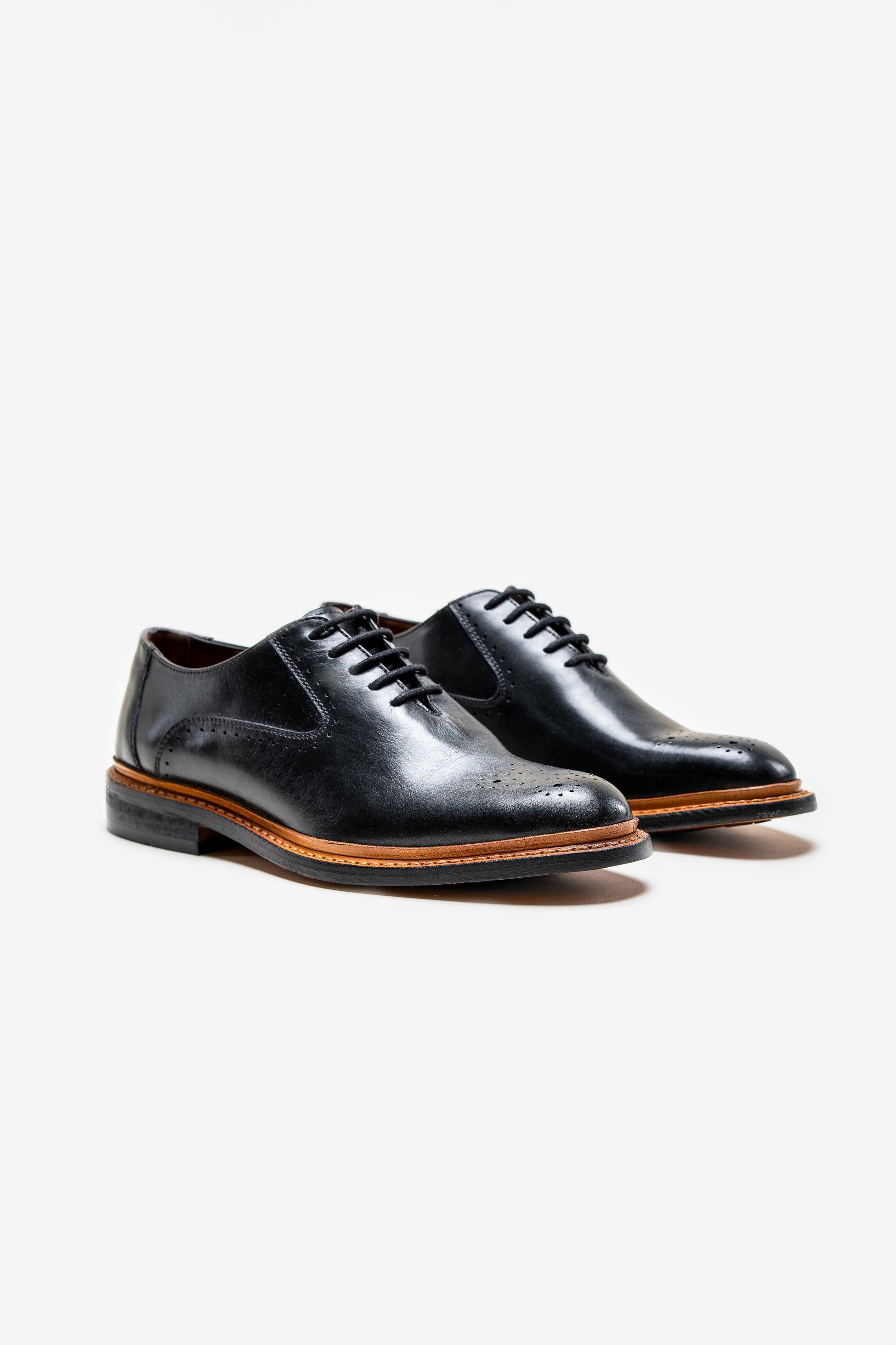 Men's Lace Up Leather Brogue Shoes - BRENTWOOD - Black