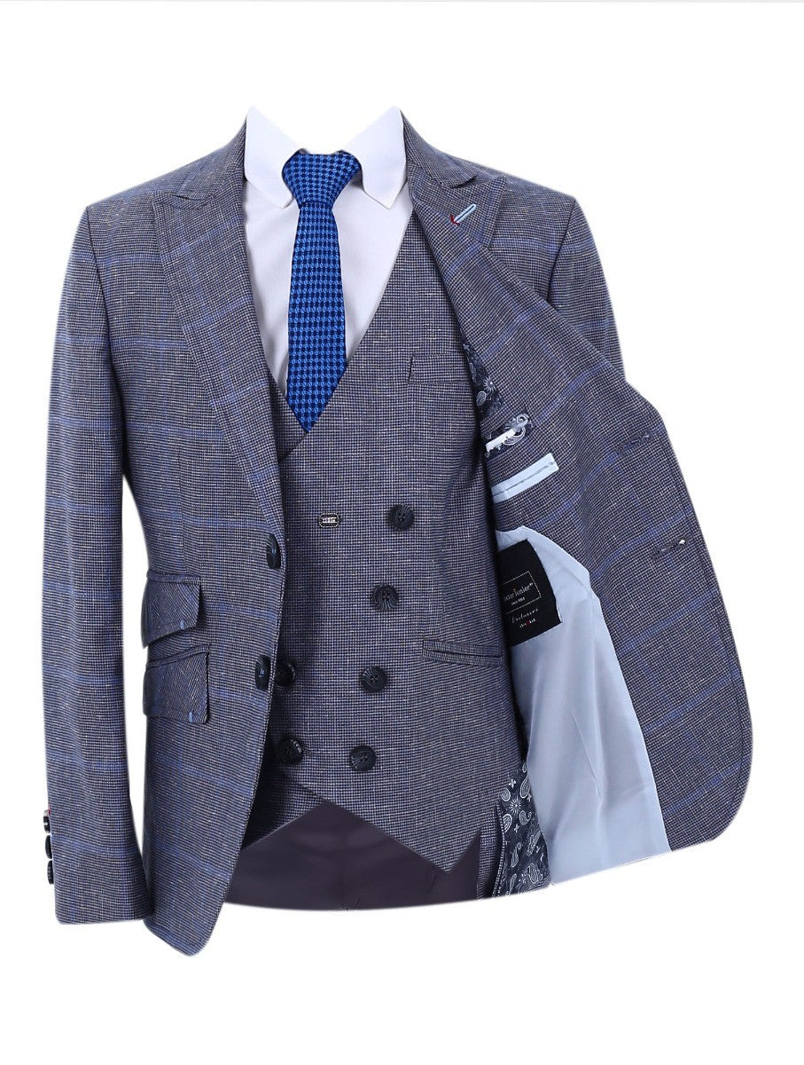 Boys Retro Check Slim Fit Formal Suit - Grey