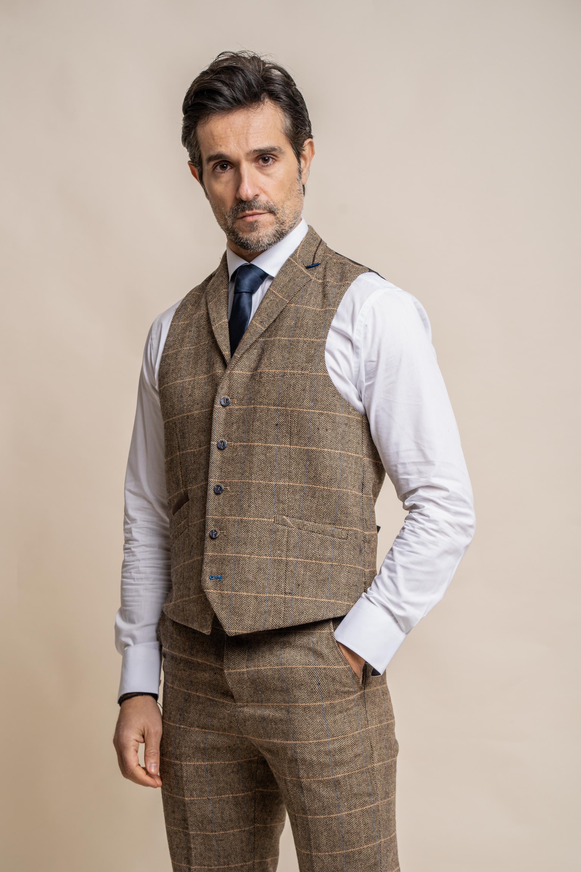 Men's Wool Blend Herringbone Check Waistcoat - Albert - Tan Brown