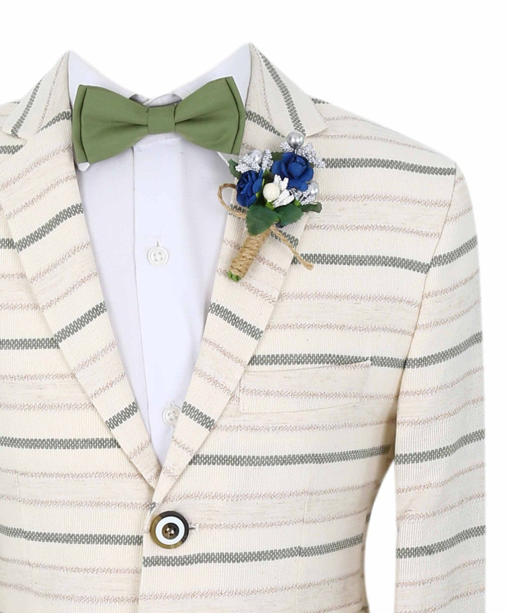 Boys Slim Fit Striped Blazer - Beige - Green