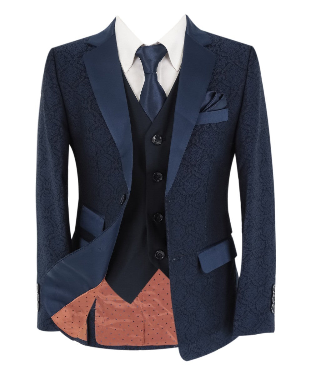 Boys Patterned Navy Suit - JACQUARD - Navy Blue