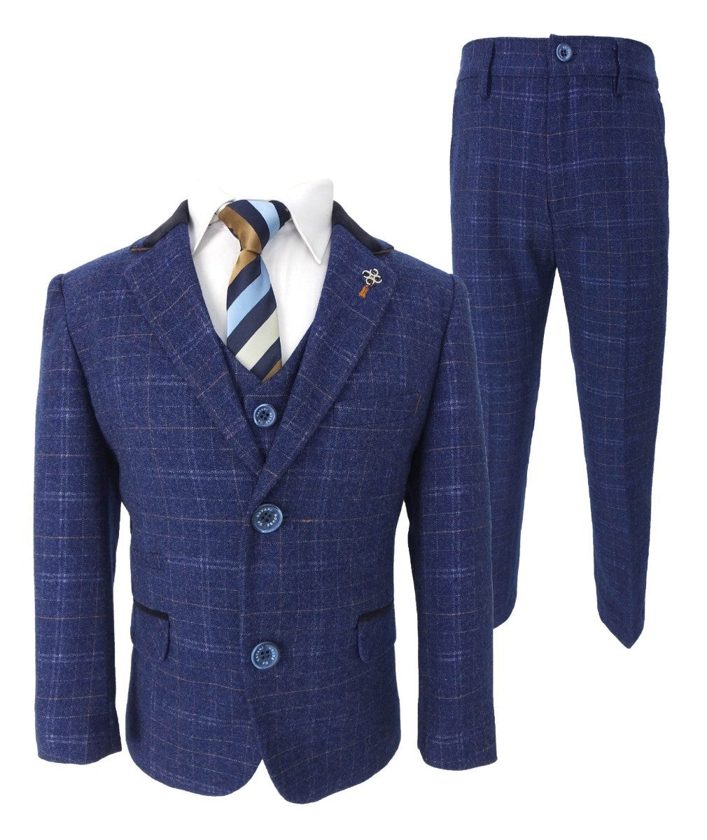 Boys Tweed Check Navy Slim Fit Suit - KAISER - Navy Blue