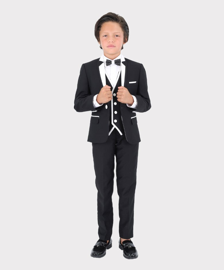 Boys Exclusive Piping Tuxedo Suit - Black - White