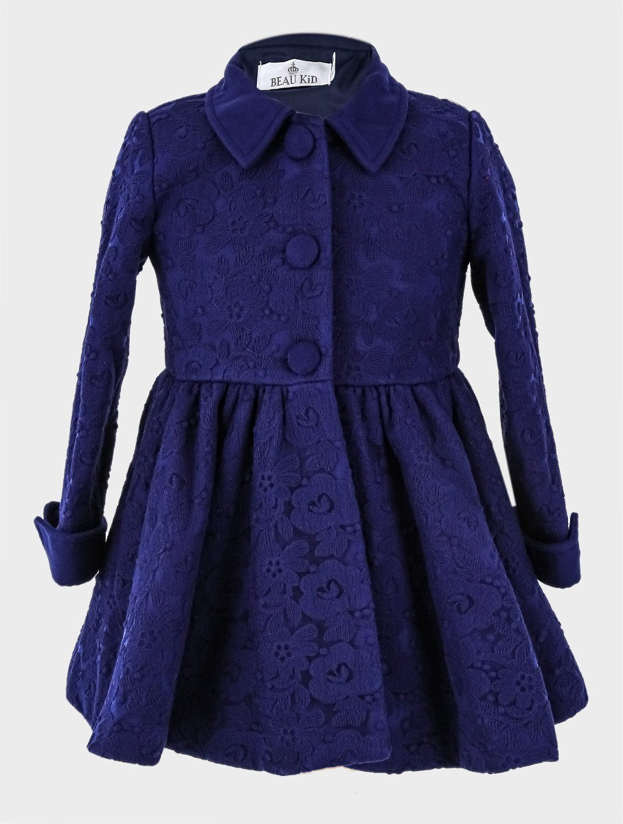 Girls Coat Floral Embroidered Lace 2 Piece Set - Navy Blue