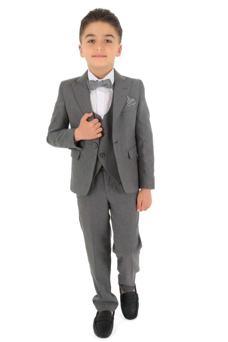 Boys Slim Fit Herringbone 8 Piece Suit Set - KING - Grey