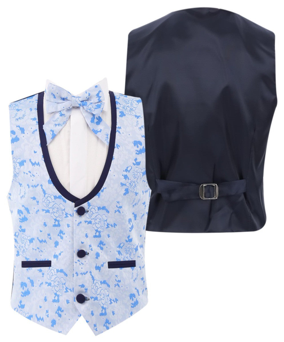 Boys Slim Fit Floral Blue Tuxedo Suit Set - Blue