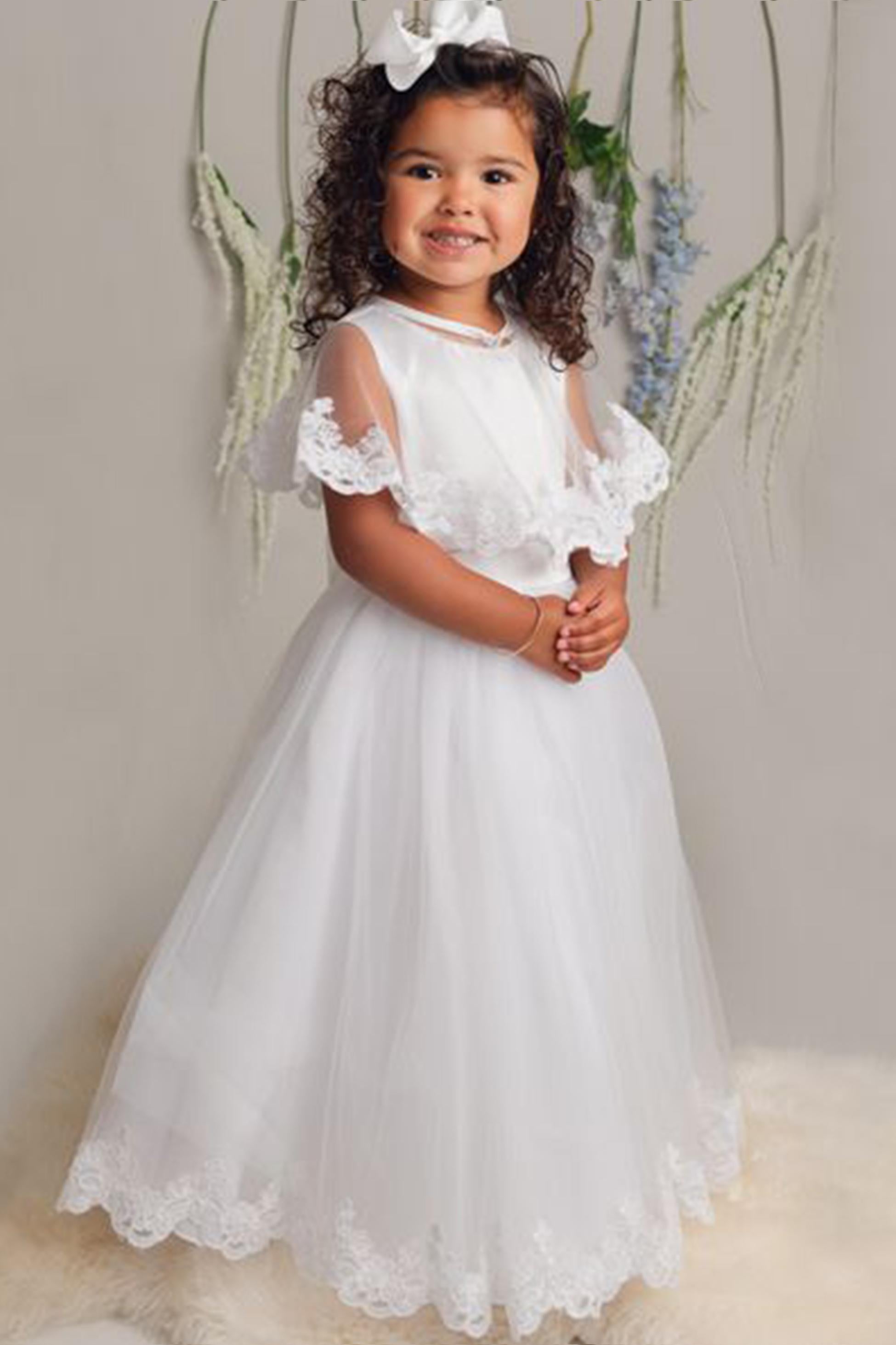 Flower Girl Long Dress with a Tulle Cape – CLAIRE - White