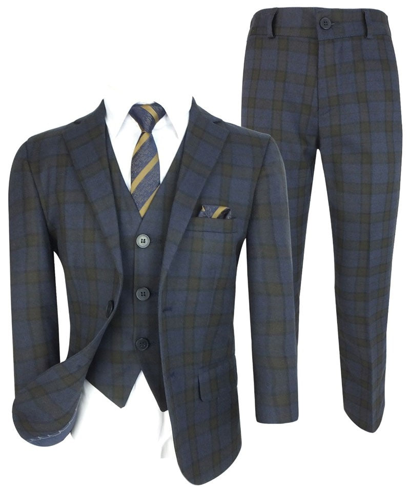 Boys Tailored Fit Retro Check Navy Suit - Navy Blue - Brown