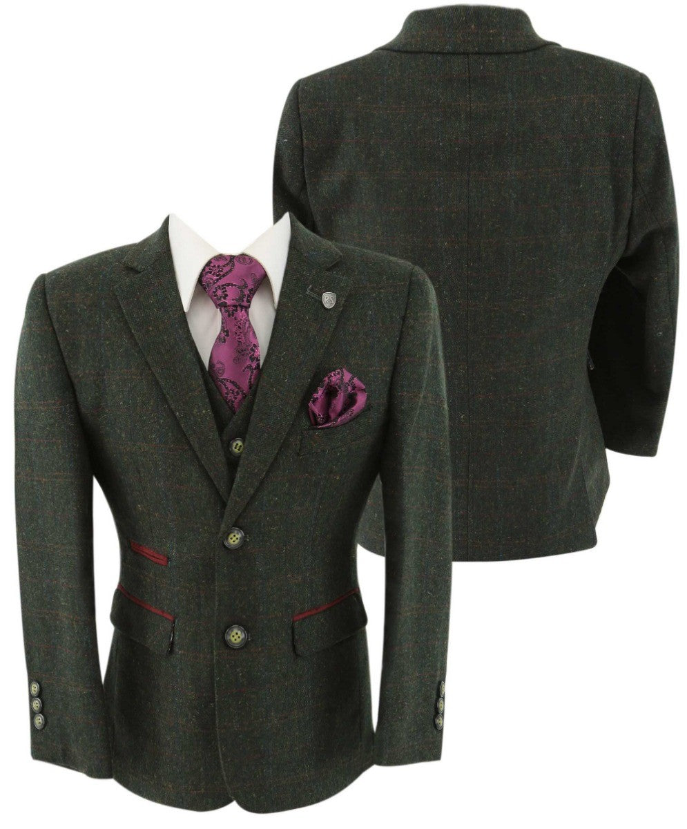 Boys Tweed Check Tailored Fit Suit - JOSHUA Green - Dark Green