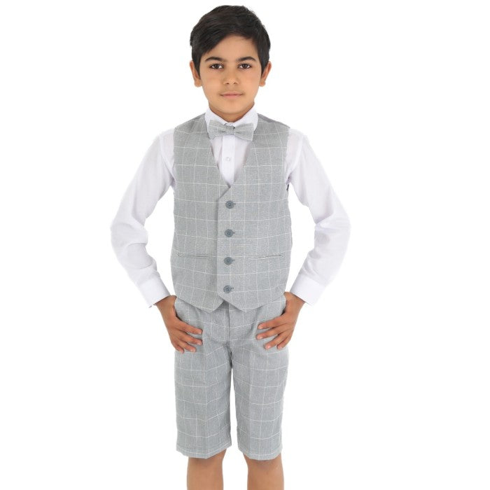 Boys Windowpane Check Grey Waistcoat Set - E-SAM - Light Grey