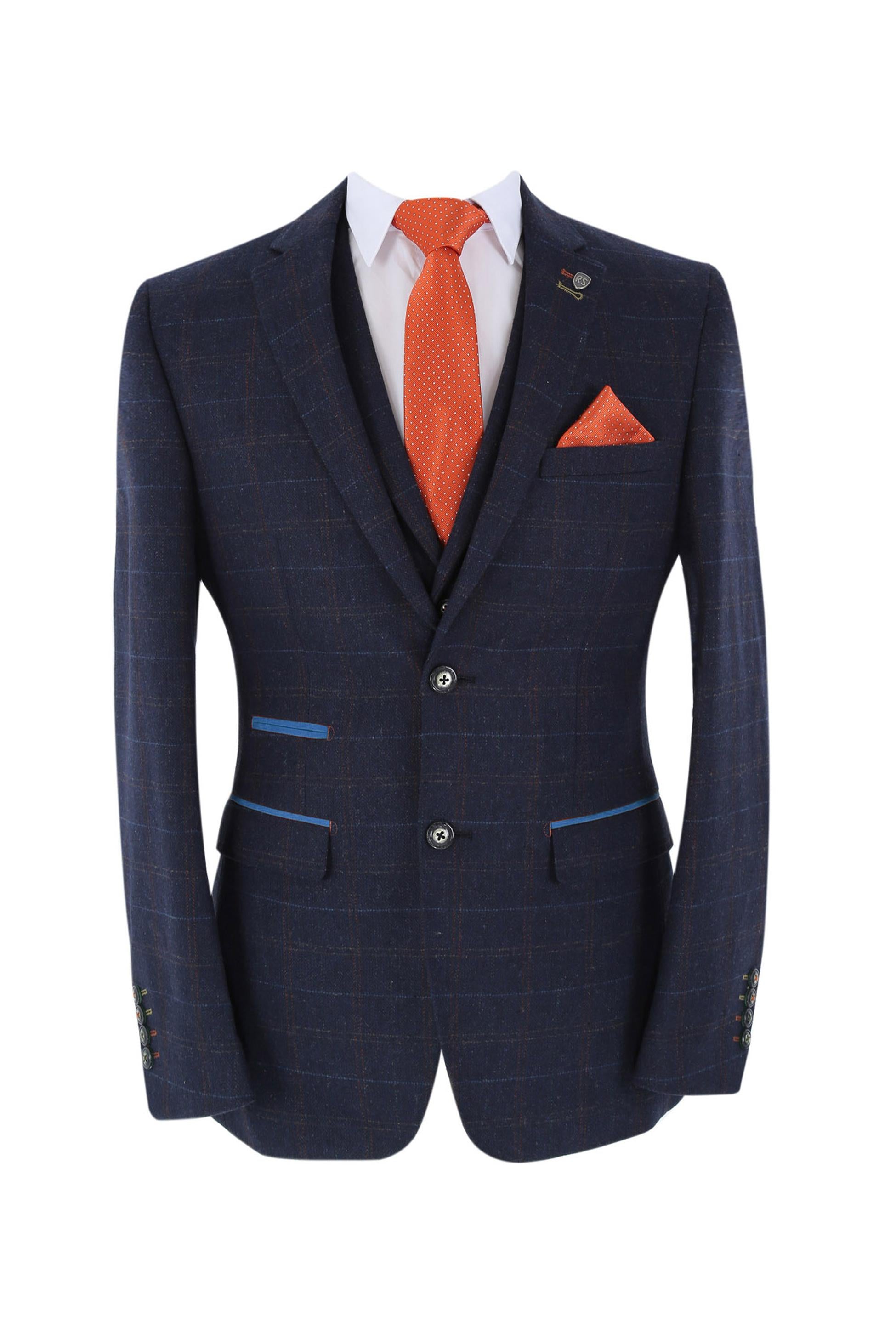 Men's Tweed Windowpane Tailored Fit Navy Suit - RYAN - Navy Blue